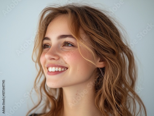 Portrait of a Smiling Beautiful Woman in Side View, Showcasing Elegance and Charm. A Timeless Representation of Beauty and Happiness.