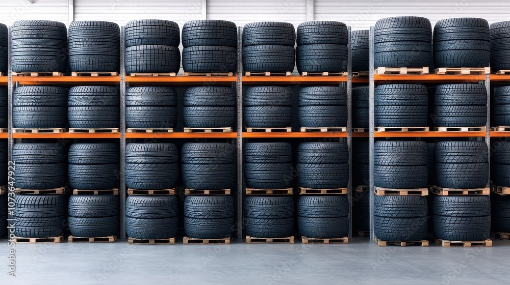 A warehouse displays neatly stacked tires on wooden pallets, showcasing organized storage for automotive supplies.