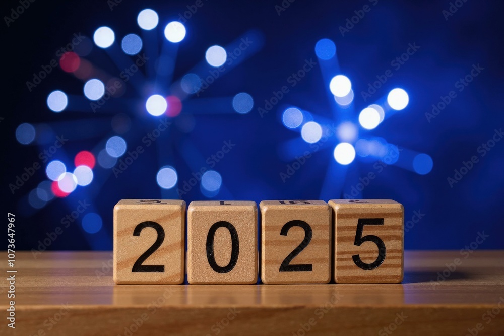 Celebrate the New Year 2025 with Wooden Blocks and Colorful Fireworks Background, Perfect for Greeting Cards and Invitations Celebrate the New Year 2025 with Wooden Blocks and Colorful Fireworks Background, Perfect for Greeting Cards and Invitations