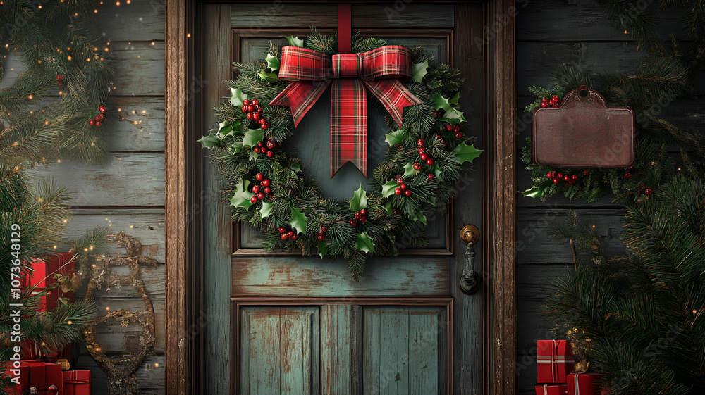 Classic Christmas Wreath Design on a Rustic Door Surrounded by Festive Decor Showcasing Holiday Tradition and Cheerful Celebration Atmosphere