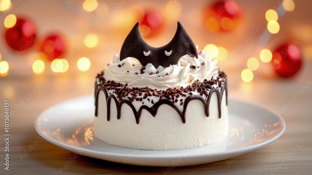 A vanilla pound cake adorned with a cute bat-shaped swirl of whipped cream, outlined with chocolate drizzle for the wings. A vanilla pound cake adorned with a cute bat-shaped swirl of whipped cream, outlined with chocolate drizzle for the wings.