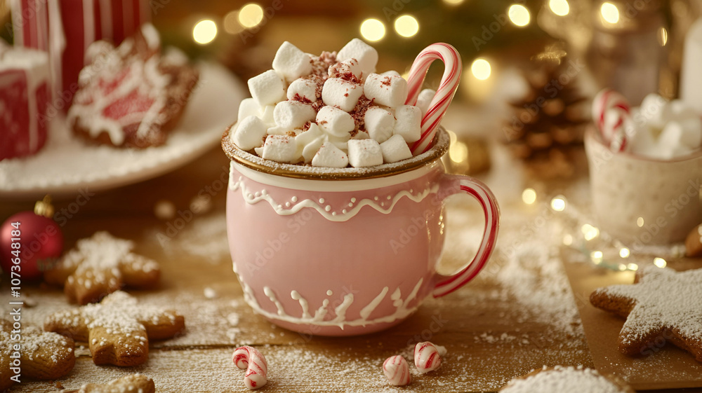 Close-Up of a Festively Decorated Mug of Hot Cocoa with a Mountain of Marshmallows and Candy Canes Surrounded by Holiday Sweets and Sparkling Lights Close-Up of a Festively Decorated Mug of Hot Cocoa with a Mountain of Marshmallows and Candy Canes Surrounded by Holiday Sweets and Sparkling Lights