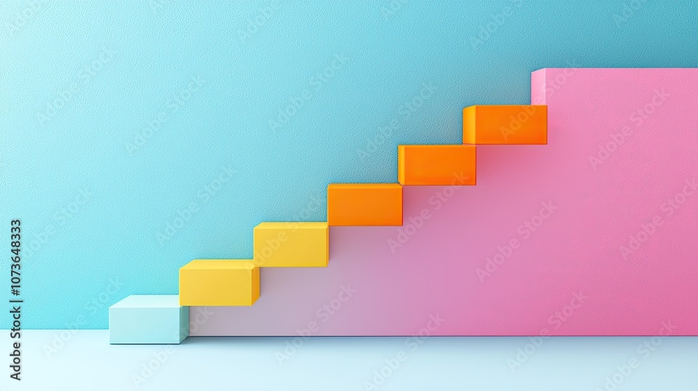 Colorful blocks creating a staircase against a vibrant blue and pink background. Colorful blocks creating a staircase against a vibrant blue and pink background.