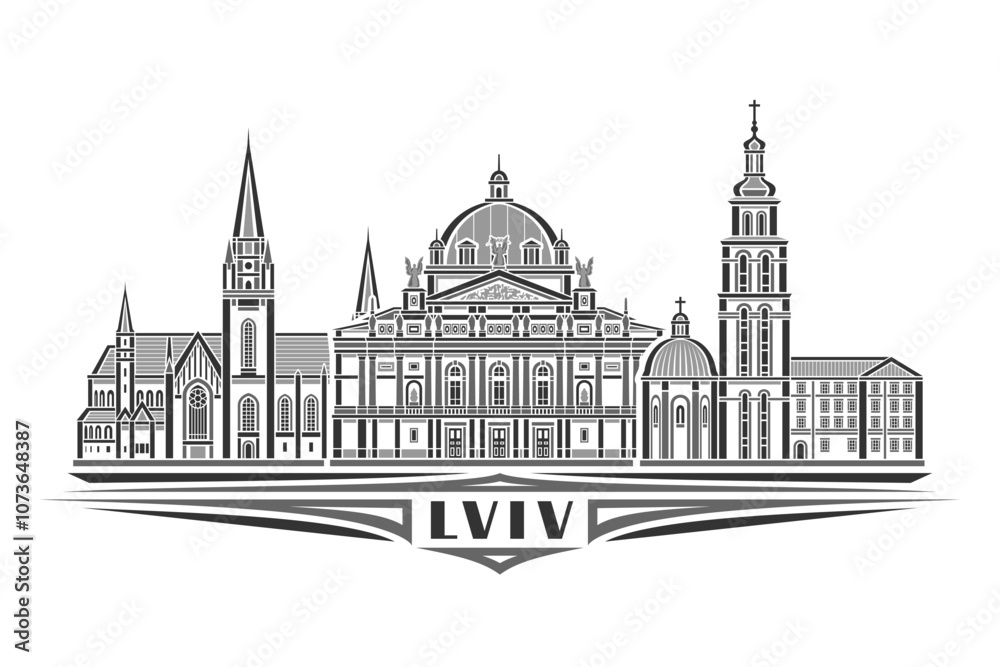 Naklejka premium Vector illustration of Lviv, monochrome horizontal card with linear design famous lviv city scape, european urban line art concept with decorative lettering for black text lviv on white background