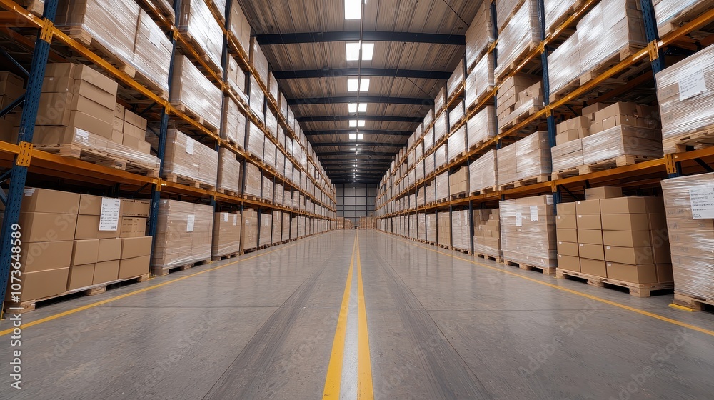 A wide aisle in a warehouse, lined with stacked boxes on shelves, showcasing an organized and spacious storage environment. A wide aisle in a warehouse, lined with stacked boxes on shelves, showcasing an organized and spacious storage environment.