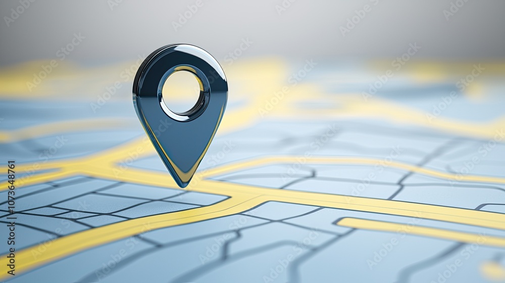 3D location marker on a map with street lines in blue and yellow. 3D location marker on a map with street lines in blue and yellow.