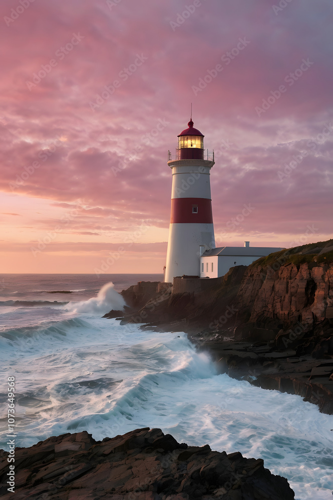Coastal Lighthouse at Dawn: A dramatic sunrise view of a coastal lighthouse on cliffs, with waves crashing below and a pink sky in the background Coastal Lighthouse at Dawn: A dramatic sunrise view of a coastal lighthouse on cliffs, with waves crashing below and a pink sky in the background