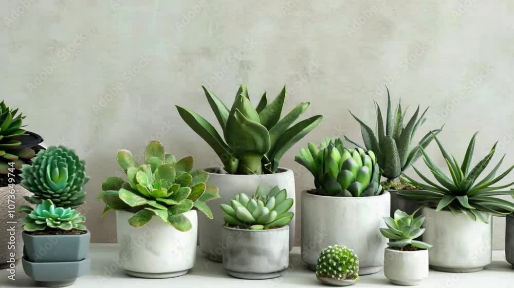 Elegant display of various succulents in matching pots on a neutral surface. Perfect inspiration for indoor gardening and modern decor. Ideal for home decor aesthetics. Generative AI. Elegant display of various succulents in matching pots on a neutral surface. Perfect inspiration for indoor gardening and modern decor. Ideal for home decor aesthetics. Generative AI.
