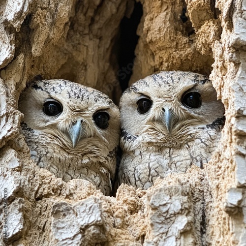 Two owls peering out from a tree hollow, showcasing their intricate feather patterns and curious expressions, This image can be used for nature blogs, wildlife conservation materials photo