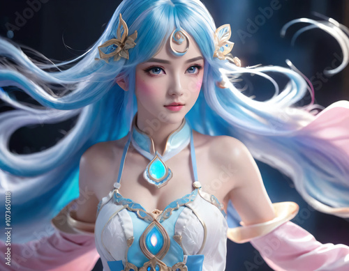 Young cosplayer. With long blue hair and a magical pink and white outfit, she exudes cuteness and charm. Her elegant pose and dynamic composition capture the essence of fantasy and adventure. photo