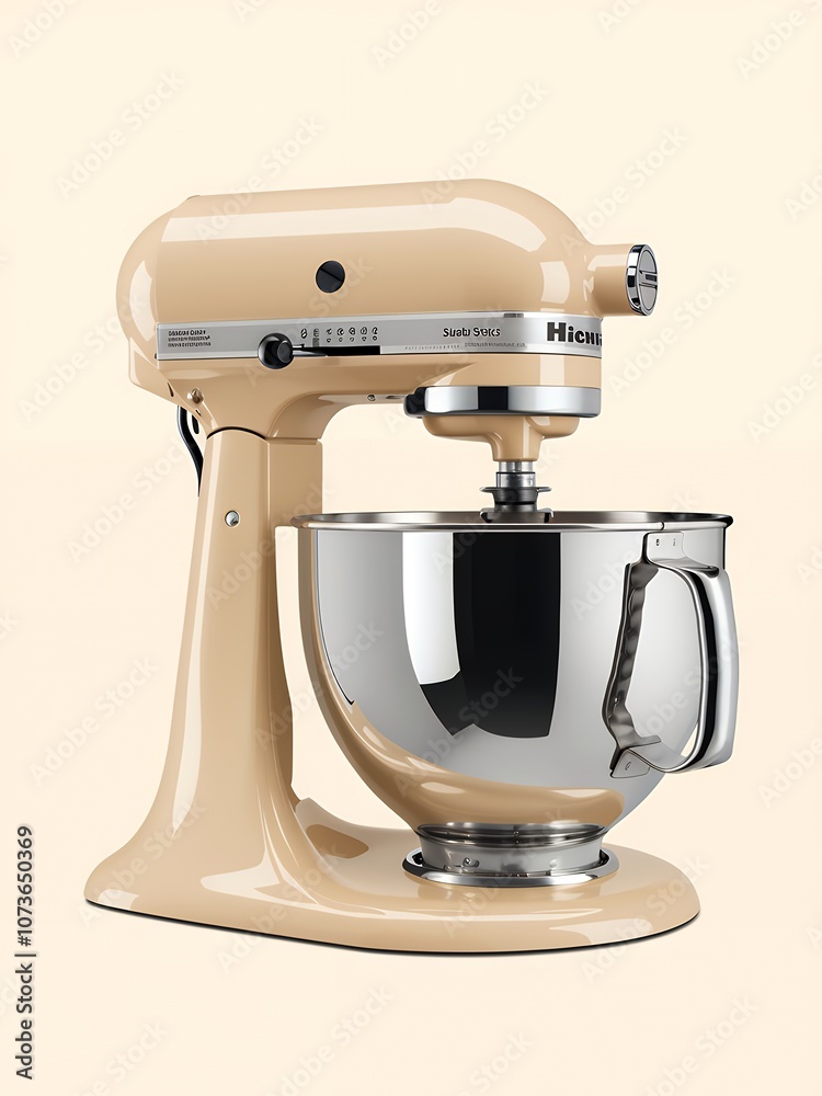 A stand mixer in a light beige color with a silver bowl. Perfect for baking delicious treats!