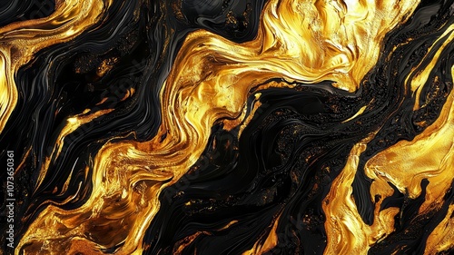 A striking abstract design featuring swirling black and gold patterns, evoking elegance and luxury.