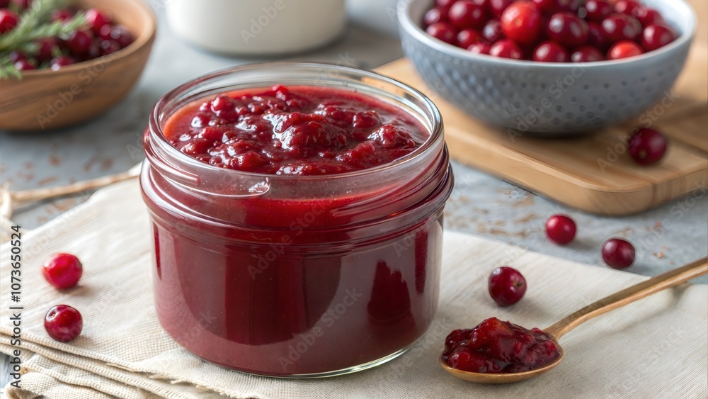 Fresh red cranberry sauce in a jar with berries and spoon on a rustic table copy space Fresh red cranberry sauce in a jar with berries and spoon on a rustic table copy space