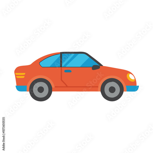 Red compact car vector side view, Flat vector illustration of a red compact car shown in side profile, isolated on a white background.
