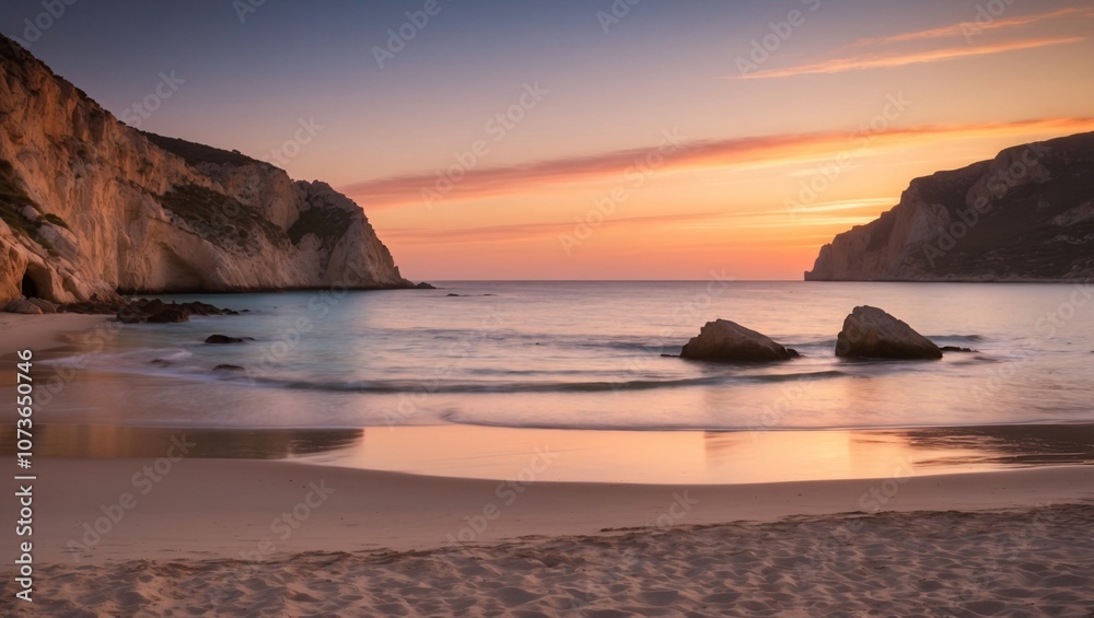 Stunning Sunset Over Secluded Beach in Mallorca with Gentle Waves and Colorful Skies Reflecting on Calm Sea and Dramatic Cliffs Stunning Sunset Over Secluded Beach in Mallorca with Gentle Waves and Colorful Skies Reflecting on Calm Sea and Dramatic Cliffs