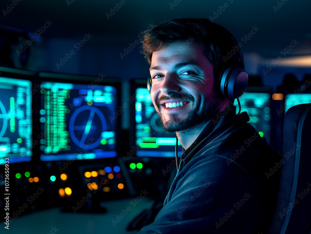 Smiling young male cyber security analyst with headphones working in front of multiple computer screens displaying data and code Smiling young male cyber security analyst with headphones working in front of multiple computer screens displaying data and code