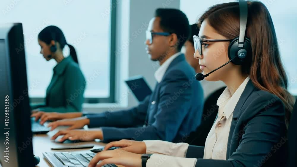 Customer support agents focused and working at computers with headsets in a professional office environment. Ideal for themes related to teamwork, communication, and customer service. Customer support agents focused and working at computers with headsets in a professional office environment. Ideal for themes related to teamwork, communication, and customer service.