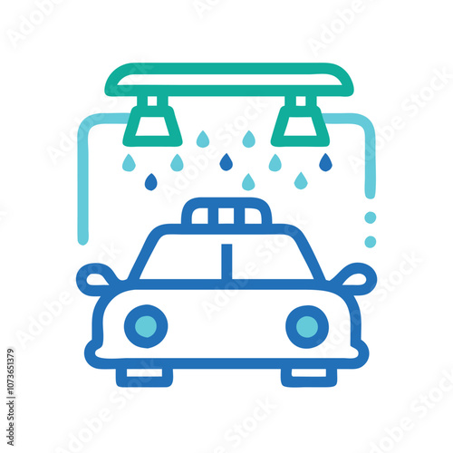 Car wash icon with water drops, Simple vector icon of a car under a water spray, representing a car wash service, isolated on a white background.
