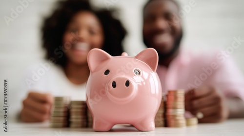 A joyful couple smiles behind a pink piggy bank and stacks of coins, symbolizing savings and financial planning.