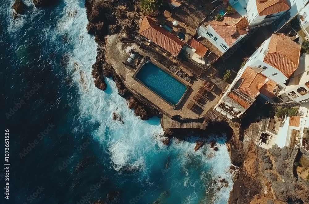 A drone photo of the Island, with waves in front of a rocky beach featuring small houses and an outdoor natural pool carved into the rocks A drone photo of the Island, with waves in front of a rocky beach featuring small houses and an outdoor natural pool carved into the rocks
