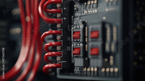 Intricate Close-Up of Modern Circuit Board with Red Wiring and Digital Components Showcasing Technology and Innovation in Electronics Sector photo