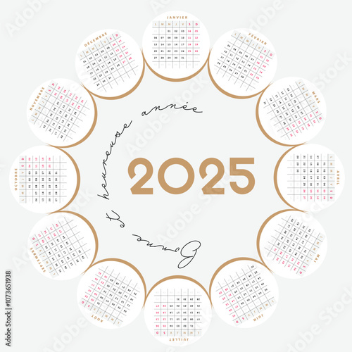 Calendrier Français 2025, Design Vectoriel Créatif forme circulaire