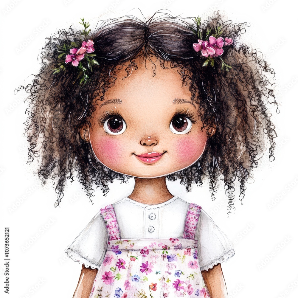 A charming illustration of a young girl with curly hair adorned with flowers, wearing a floral dress, Ideal for children's book covers, educational materials A charming illustration of a young girl with curly hair adorned with flowers, wearing a floral dress, Ideal for children's book covers, educational materials