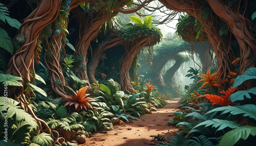 Fototapeta premium A surreal clay jungle filled with massive leaves, twisting vines, and mythical creatures peeking through dense foliage, Generative AI