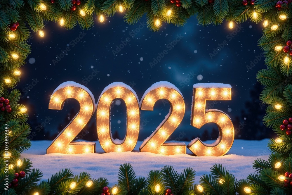 Celebrate the New Year 2025 with Festive Lights and Pine Cones, Perfect for Holiday Greetings and Seasonal Decorations Celebrate the New Year 2025 with Festive Lights and Pine Cones, Perfect for Holiday Greetings and Seasonal Decorations