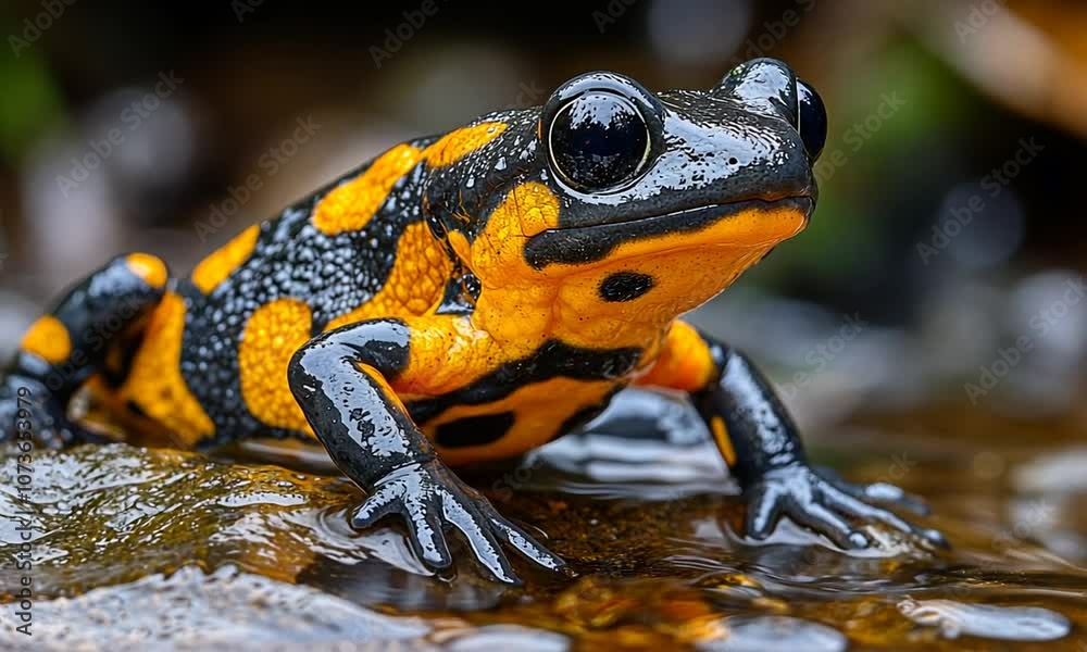 A vibrant black and orange frog perched on wet rocks. A vibrant black and orange frog perched on wet rocks.
