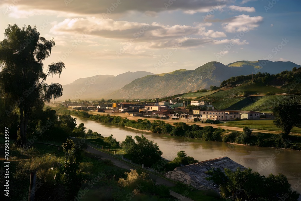 Obraz premium River Valley Landscape with Houses and Green Hills. Generative AI