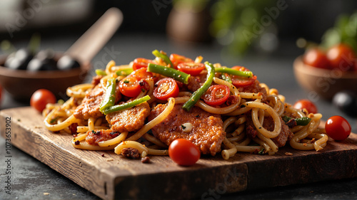 Spicy chicken spaghetti with vegetables on wooden board photo