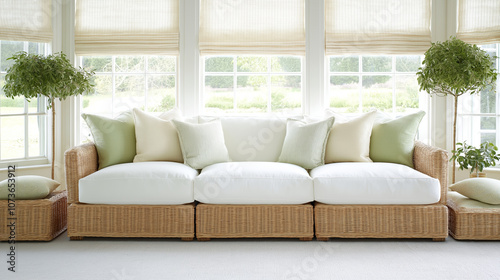 A cozy, sunlit living room featuring a wicker sofa with soft green and cream cushions, flanked by potted plants, creating a serene, nature-inspired ambiance.