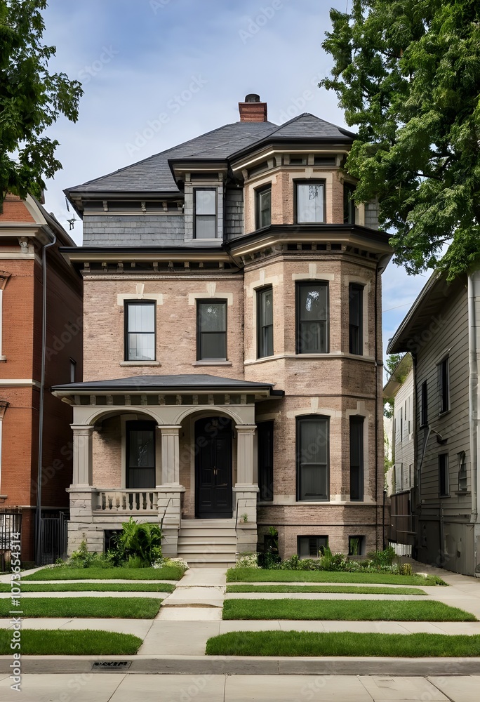 Victorian Brick House with Black Door and Columns. Generative AI Victorian Brick House with Black Door and Columns. Generative AI