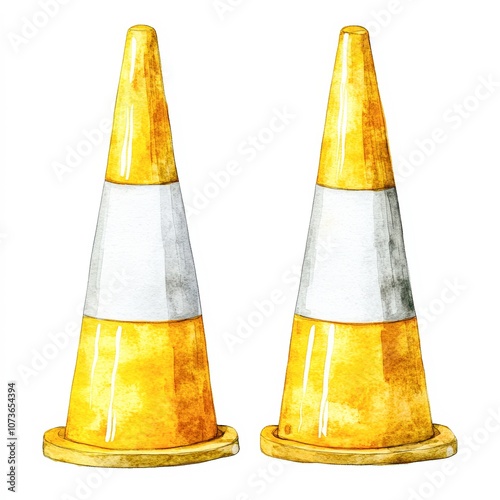 Two yellow traffic cones with white stripes, ideal for signage or safety illustrations, These can be used in various designs for construction, roadwork, or event management themes, photo