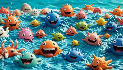 A lively clay ocean with laughing waves and playful sea creatures, each sporting cheerful expressions, Generative AI