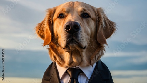 Golden Retriever with Wise Expression in Formal Suit Against a Scenic Background, Capturing a Unique and Humorous Moment of Canine Importance and Elegance