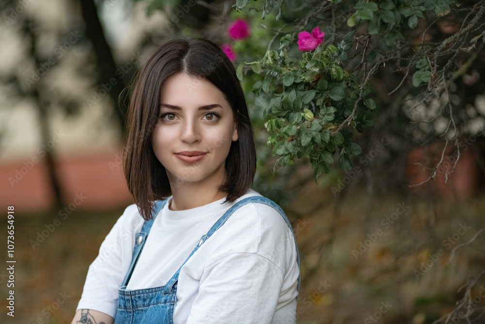 Portrait of a young beautiful dark-haired girl in summer clothes in an urban environment. Portrait of a young beautiful dark-haired girl in summer clothes in an urban environment.
