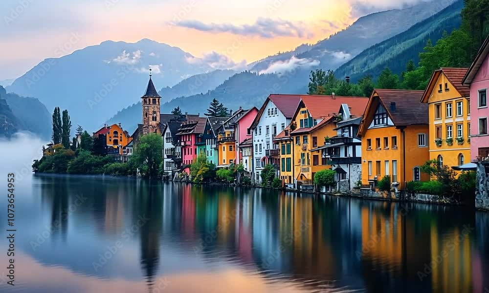 Serene lakeside village with colorful houses and mountains. Serene lakeside village with colorful houses and mountains.