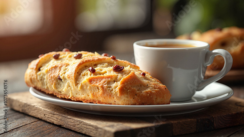 Freshly baked fruit bread with coffee on wooden table