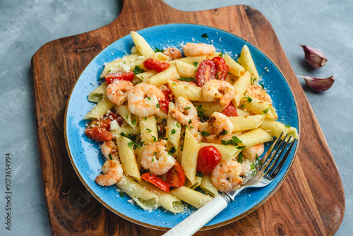 Penne pasta with shrimps and cherry tomatoes in butter and garlic sauce