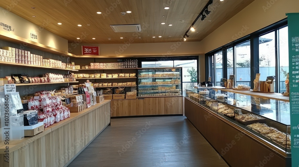 A modern bakery with wood-paneled walls and shelves stocked with pastries, bread, and other baked goods. There is a glass display case with a variety of pastries on the right side of the image. A modern bakery with wood-paneled walls and shelves stocked with pastries, bread, and other baked goods. There is a glass display case with a variety of pastries on the right side of the image.