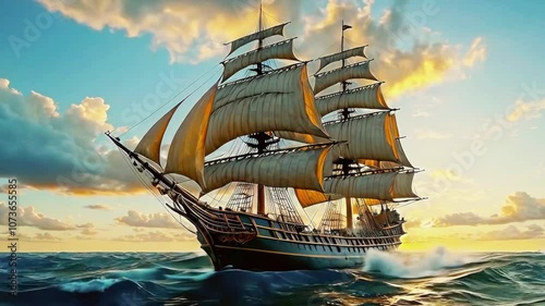 Beautiful old sailboat in sunset rays on the sea, old sailing brigantine.