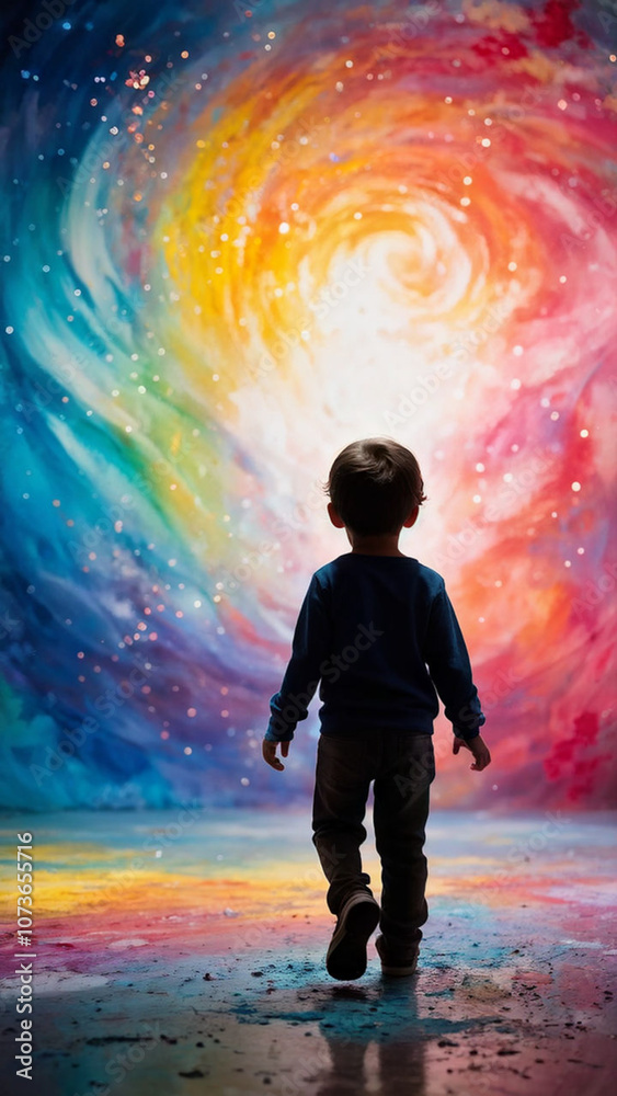 Whimsical Silhouette of a Child Emerging Through a Colorful, Ethereal Portal Whimsical Silhouette of a Child Emerging Through a Colorful, Ethereal Portal