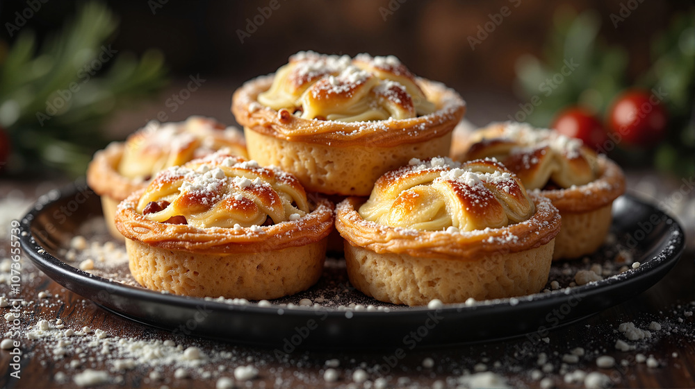 Homemade apple mince pies with powdered sugar on plate Homemade apple mince pies with powdered sugar on plate