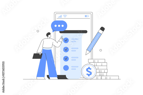 Character Calculating Long Bill or Invoice Online, Filling From, Analyzing Financial Data. Income Management Concept. Vector Illustration, icon. Stylish, Minimalist 