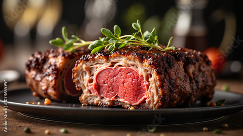 Juicy medium-rare beef Wellington on black plate photo