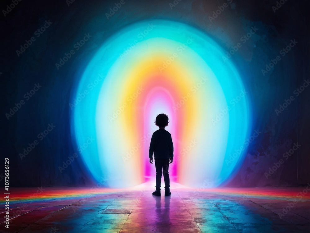 Whimsical Silhouette of a Child Emerging Through a Colorful, Ethereal Portal Whimsical Silhouette of a Child Emerging Through a Colorful, Ethereal Portal