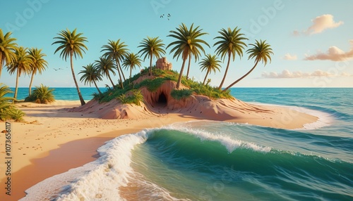 A surreal clay island where palm trees smile and waves lap with cheerful splashes against sandy shores, Generative AI photo