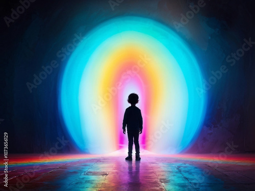 Whimsical Silhouette of a Child Emerging Through a Colorful, Ethereal Portal